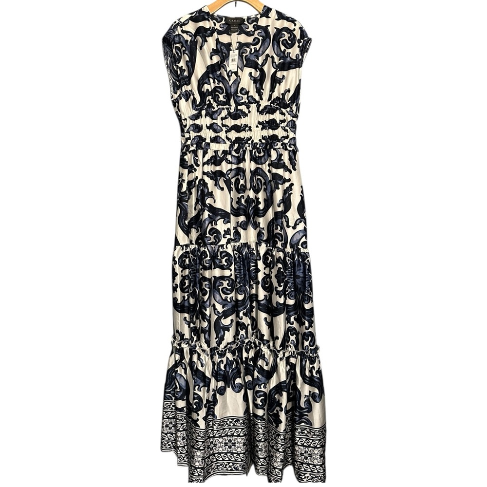 Gracia NWT Women’s Size L Navy Blue White Floral Printed V‑Neck Maxi Dress. - Picture 7 of 11